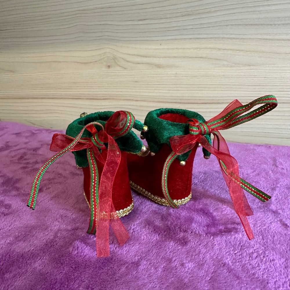Christmas Elf Boot Ornaments Red Green Jingle Bells Sequins Set of 2 - Picture 4 of 6